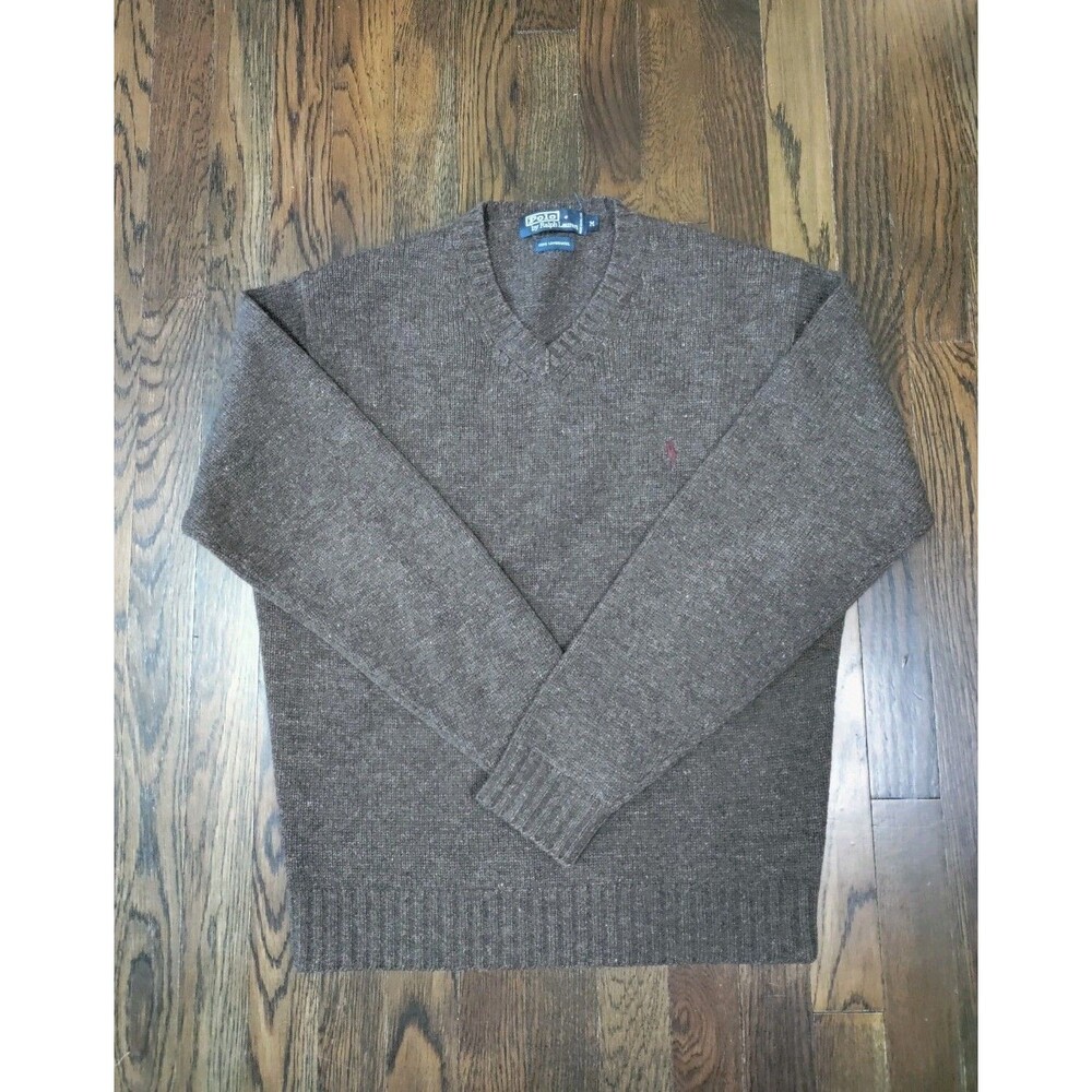 VTG Polo Ralph Lauren Lambs Wool Sweater Men's M Brown V Neck Pullover Pony Logo